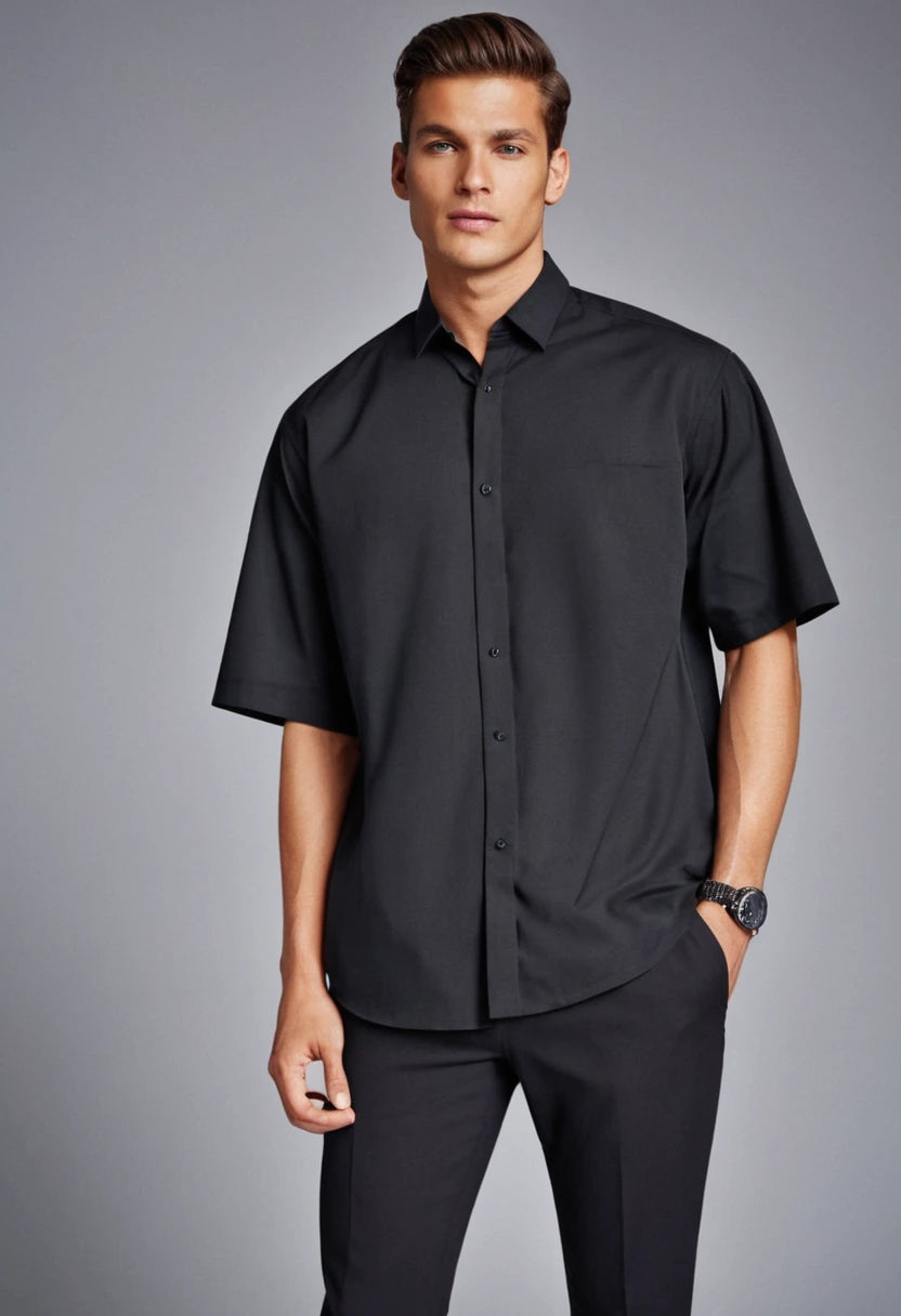 Man wearing a black short-sleeve dress shirt and pants on a gray background