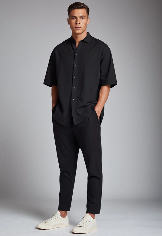 Man wearing a black shirt and pants with white sneakers on a gray background